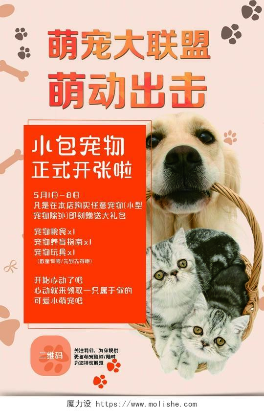 可爱风萌宠大联盟宠物店开业促销海报  
